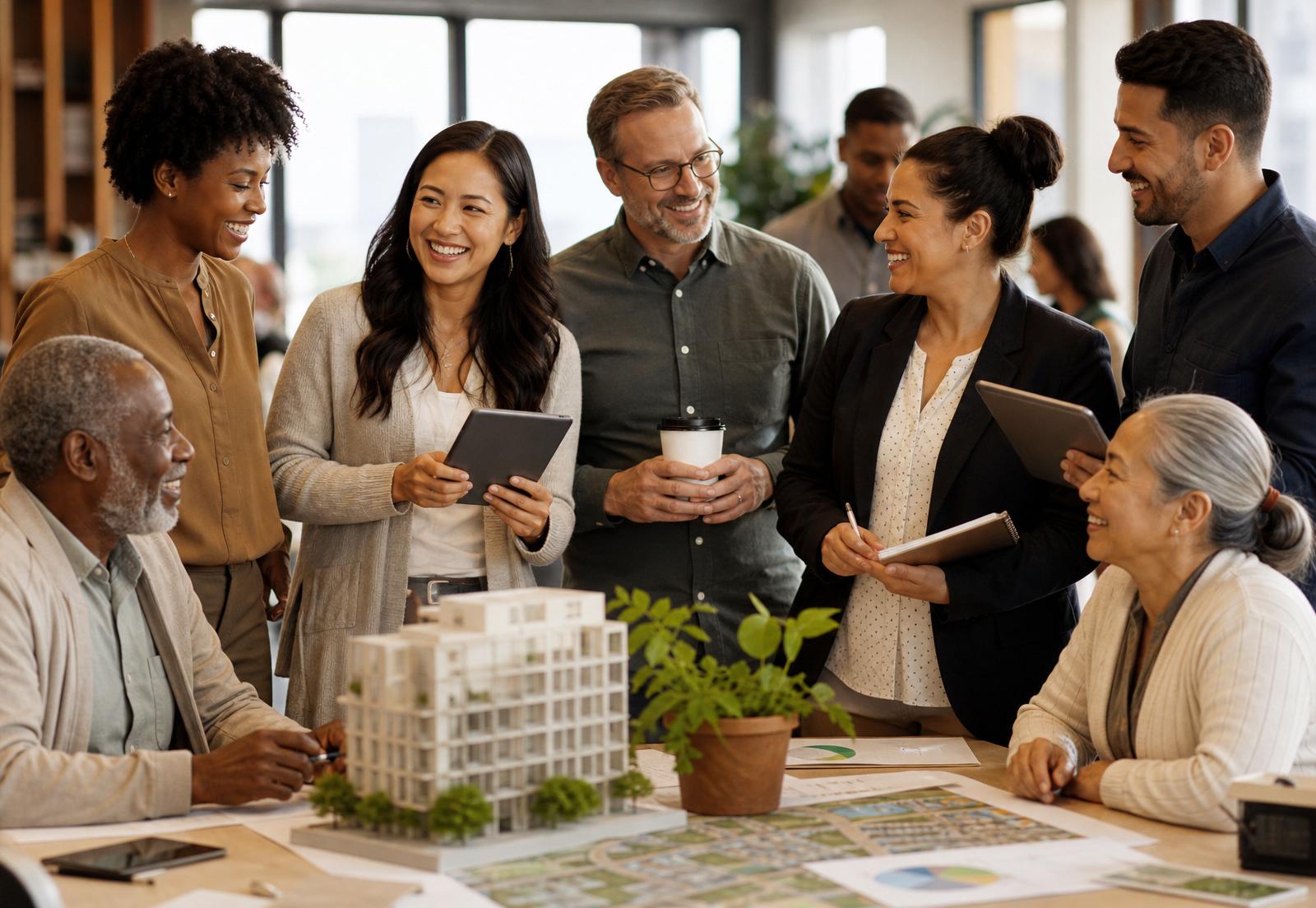 Diverse community members collaborating around economic prosperity and development